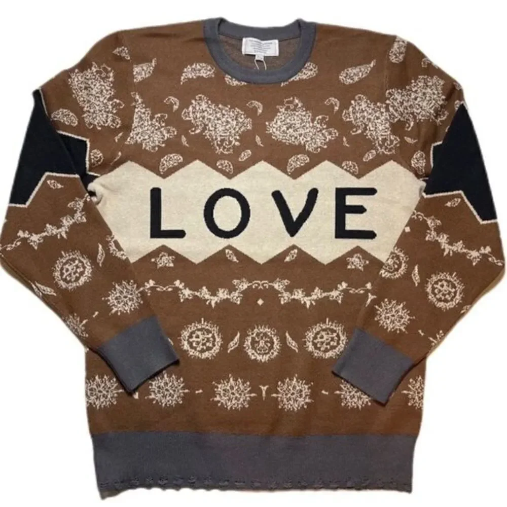 NWT The Hideout Clothing Co Men’s Brown Cream LOVE Crew Neck Sweater - Size S